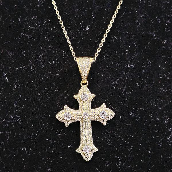 *NEW* 14KT GOLD PLATED 1.5TCW SIMULATED DIAMOND (CZ) CROSS NECKLACE: 18"-19" LONG CHAIN