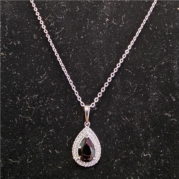 *NEW* PLATINUM PLATED 2CT PEAR CUT BLACK SIMULATED DIAMOND (CZ) DOUBLE HALO NECKLACE: 17"-19" CHAIN