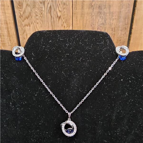 *NEW* PLATINUM PLATED 1CT SAPPHIRE BLUE SIMULATED DIAMOND (CZ) 2 PIECE SET: 16"-18" LONG CHAIN
