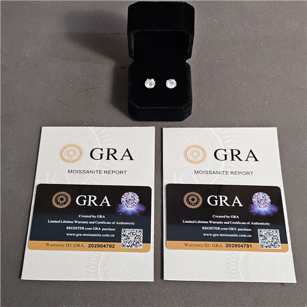 *NEW* PLATINUM PLATED MOISSANITE LAB DIAMOND STUD EARRINGS: 2CT EACH, GH, VVS1, GRA REPORT