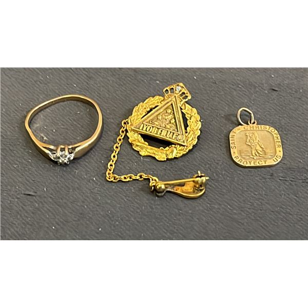 10KT GOLD JOB'S DAUGHTERS DOUBLE BROOCH, 10KT GOLD ST. CHRISTOPHER'S BROOCH & 10KT DIAMOND RING