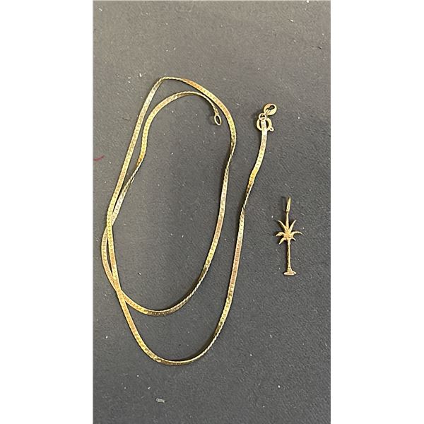 10KT GOLD HERRINGBONE CHAIN & 10KT GOLD PALM TREE PENDANT