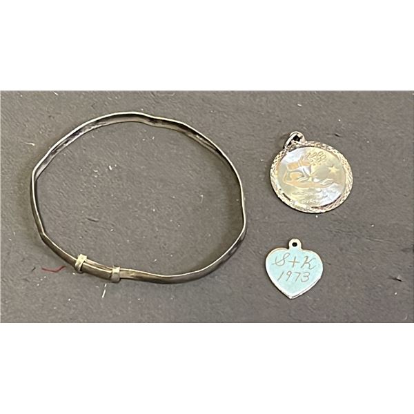 SMALL SILVER BRACELET (BENT), SILVER AQUARIUS PENDANT & SILVER HEART PENDANT INSCRIBED "S+K 1973"