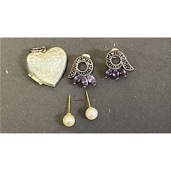 14KT GOLD PEARL EARRINGS, FASHION EARRINGS WITH PURPLE STONES & SILVER HEART LOCKET