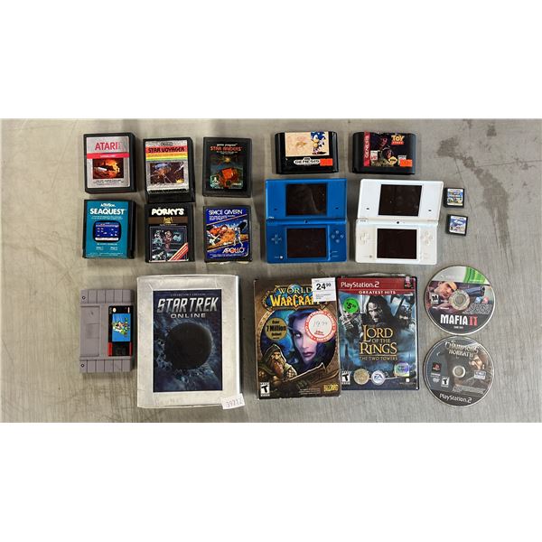 BIN OF ASSORTED GAMES INCLUDING; NINTENDO DS HANDHELD CONSOLES, WORLD OF WARCRAFT, STAR TREK ONLINE,