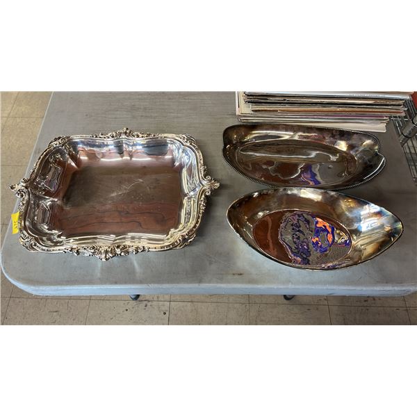 VTG. SILVER PLATED CANADIAN NATIONAL STEAMSHIPS SERVING DISH,  & 2 VTG SILVER PLATED SERVING DISHES