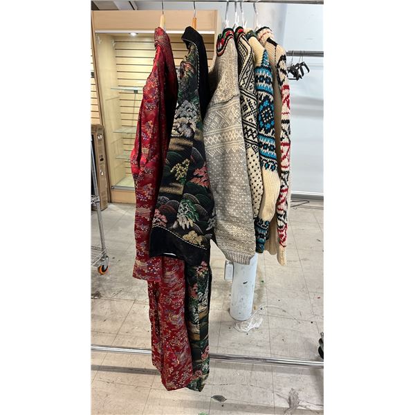 RACK OF (3) VINTAGE NORWEGIAN WOOL CARDIGANS, WOOL NEW ZEALAND SWEATER & (2) JAPANESE BROCADE ROBES