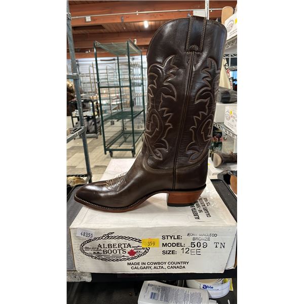 PAIR OF ALBERTA BOOTS DK. BROWN LEATHER MEN'S COWBOY BOOTS: SIZE 12EE