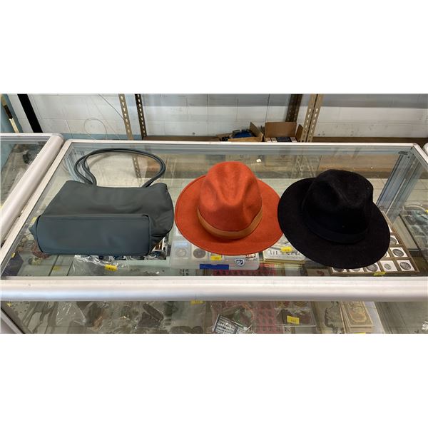 2 LADIES FEDORAS 100% WOOL, BETTINA ITALY.  ARITZIA PURSE