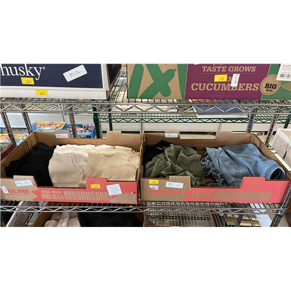 2 BOXES ASSORTED TOPS AND PANTS. LADIES SMALL SIZES
