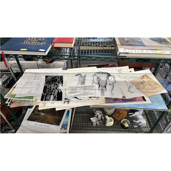 SHELF OF ASSORTED ORIGINAL ARTWORK & PRINTS