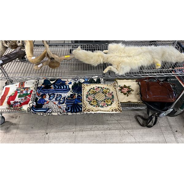 UROS ISLANDS HAND WOVEN TAPESTRY, NEEDLEWORK PILLOW COVERS, LEATHER PURSE, LEATHER BACKPACK & MORE