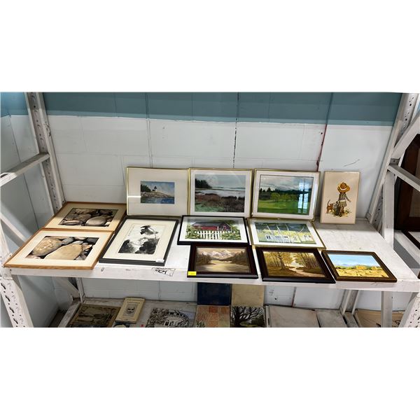SHELF OF ASSORTED ART: MOST ARE ORIGINAL FRAMED WATERCOLOUR & OIL PAINTINGS
