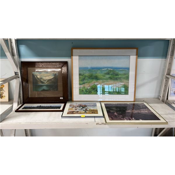 SHELF OF ASSORTED FRAMED PRINTS & ORIGINAL ART