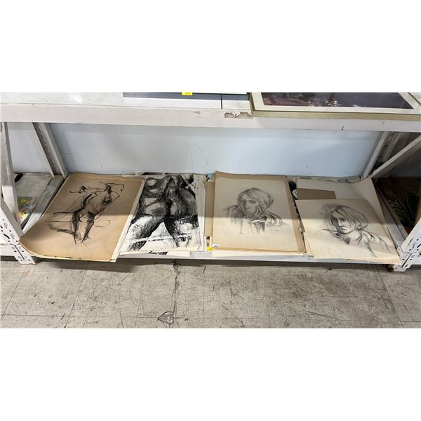 SHELF OF ASSORTED PENCIL & CHARCOAL ART