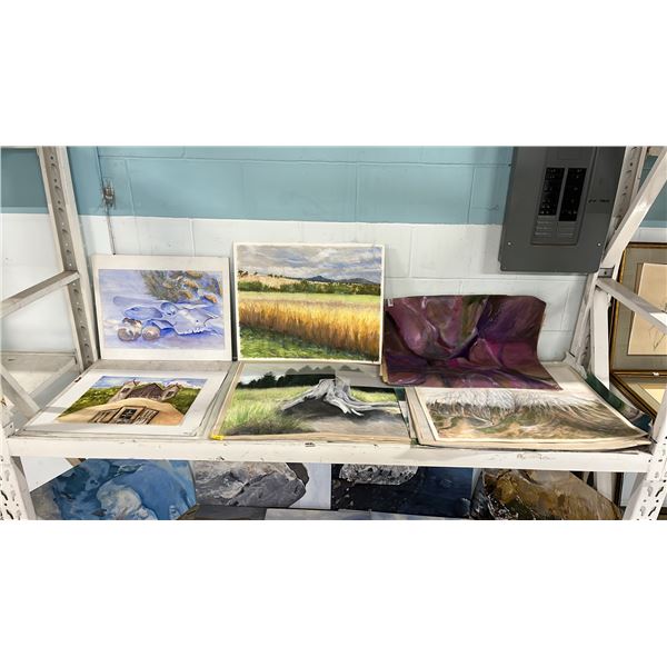 SHELF OF ASSORTED ORIGINAL ART: PASTELS, WATERCOLOUR & ACRYLIC