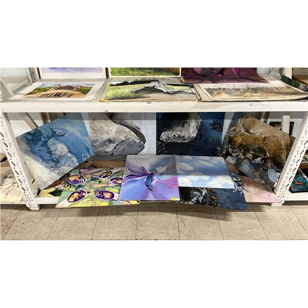 SHELF OF ASSORTED UNFRAMED ORIGINAL PAINTINGS