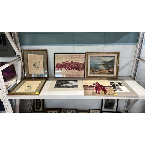 SHELF OF ASSORTED FRAMED & UNFRAMED PRINTS & ORIGINAL PAINTINGS
