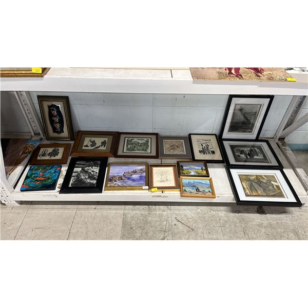 SHELF OF ASSORTED FRAMED PRINTS & ORIGINAL PAINTINGS