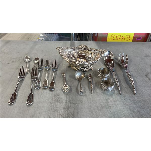 TRAY OF ASSORTED FLATWARE & A JARDINIERE: INCLUDES (4) BOMA CANADA PEWTER PIECES