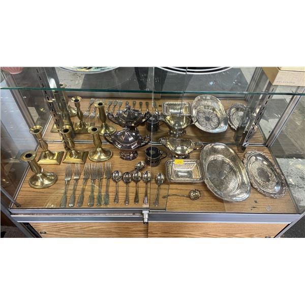 CANDLE STICKS & ASSORTED METAL TABLE SERVICE PIECES