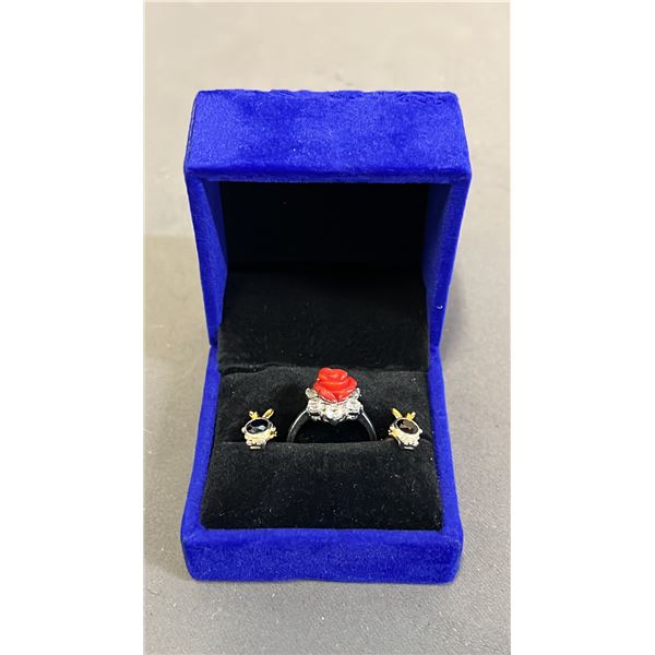 JAPANESE RED CORAL RING AND EARRINGS