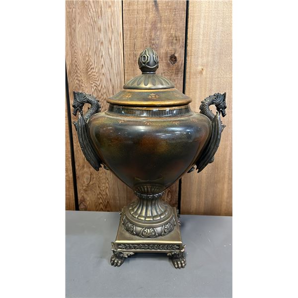 VINTAGE CLAW FOOTED URN WITH LID & DRAGON HANDLES *BOTH DRAGONS HAVE A BROKEN HORN*