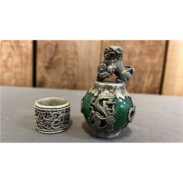 GREEN MARBLE FOO DOG & ROTATING RING