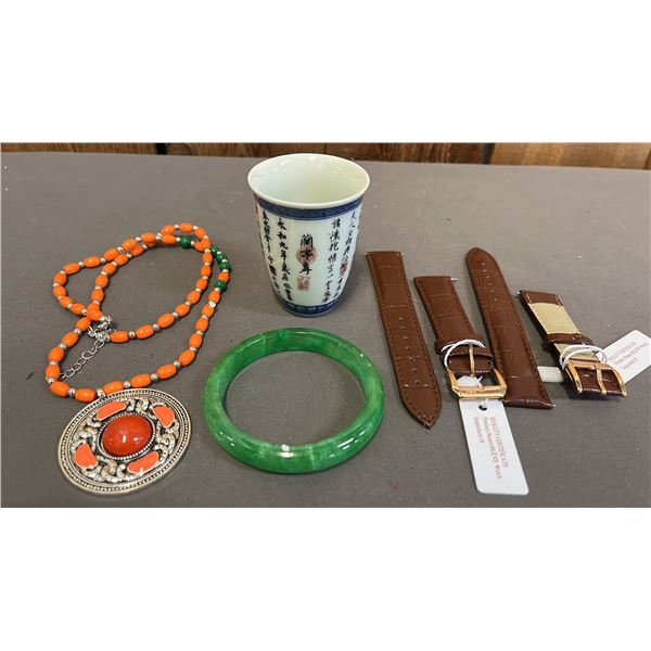 COLLECTION OF ASSORTED ITEMS: JEWELRY, WATCH STRAPS & SMALL CUP