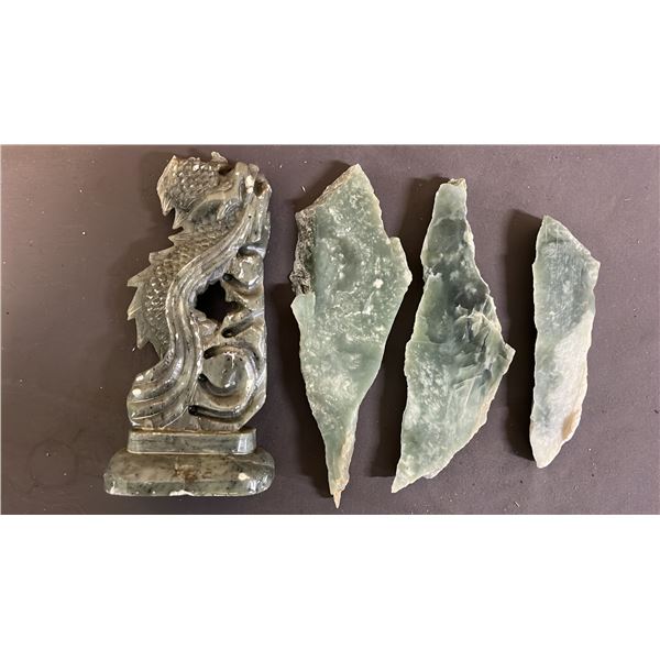 JADE DRAGON CARVING *MISSING HEAD) AND (2) JADE SLABS (LARGEST IS APPROX. 7" LONG