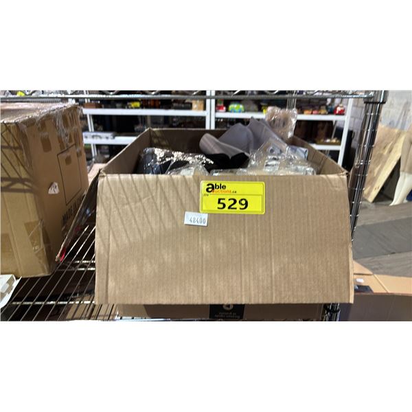 BOX OF ASSORTED ITEMS INCLUDING BACKGROUND CLOTH, APRON, SMALL HAIR BUN MAKE AND MORE