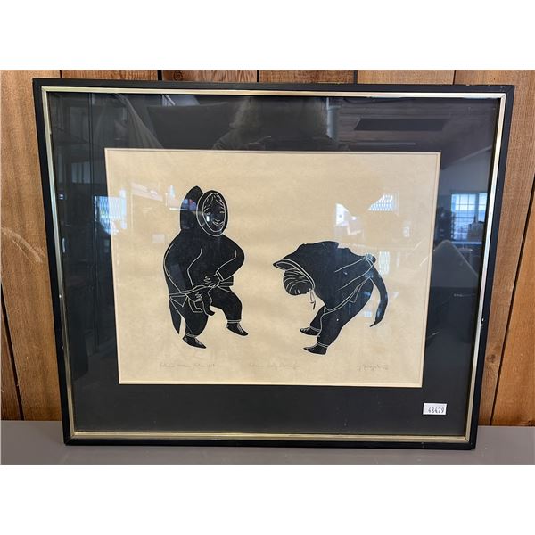 FRAMED 1969 "ESKIMO BABY CARRIAGE" INUIT STONECUT PRINT BY ANGES NANOGAK