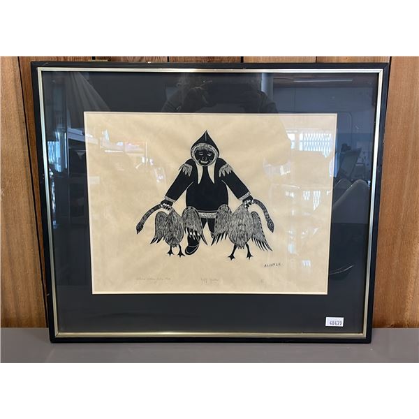 FRAMED 1976 "HAPPY HUNTER" INUIT PRINT BY PETER ALIKNAK