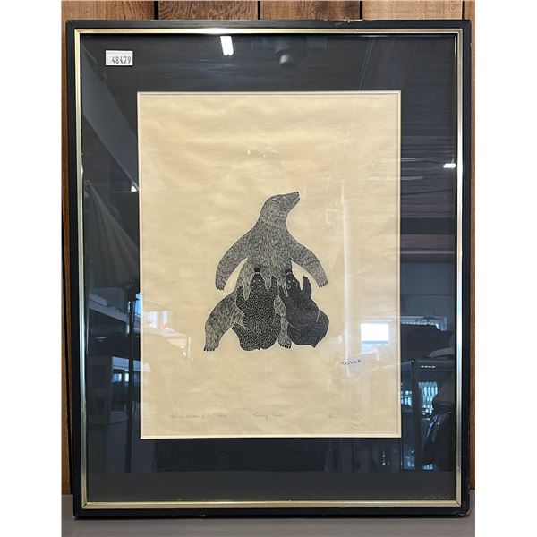 FRAMED 1974 "FEEDING TIME" INUIT STONECUT PRINT BY HELEN KALVAK