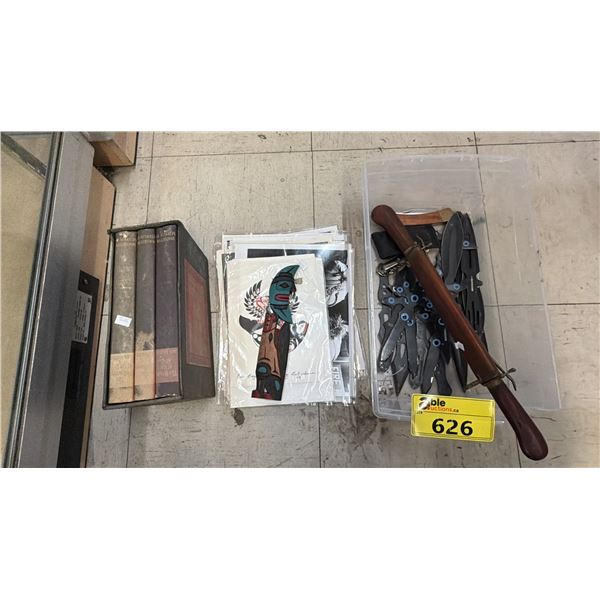 ASSORTED ITEMS INCLUDING KNIVES, FIRST NATION ART WORK, AND MORE