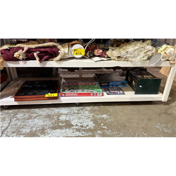 SHELF OF ASSORTED ITEMS INCLUDING MONOPOLY , CHESS BOARD, SONY DVD PLAYER AND MORE