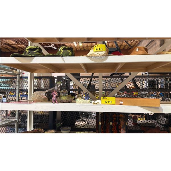 SHELF OF ASSORTED ITEMS INCLUDING WOODEN ART WORK, FIGURINES AND MORE