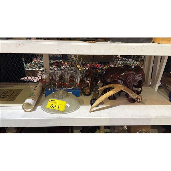 SHELF OF ASSORTED ITEMS INCLUDING CERAMIC STATUE, GLASS SET, FRAMED ARTWORK AND MORE