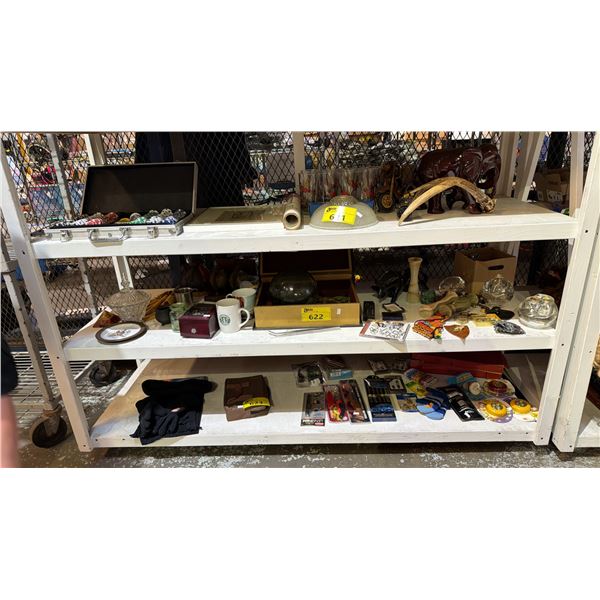 SHELF OF ASSORTED ITEMS INCLUDING MUGS, SIGNED MUSIC CD, COLLECTABLE ITEMS AND MORE