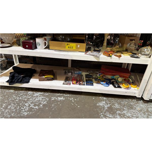 SHELF OF ASSORTED ITEMS INCLUDING KNIFES, POLAR FLEECE SET, SCENT STICKS AND MORE