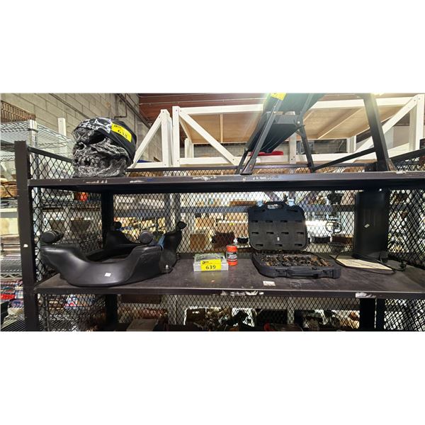 SHELF OF ASSORTED ITEMS INCLUDING HUSKY SOCKET SET, HEATER, ELECTRIC GLUE GUN AND MORE