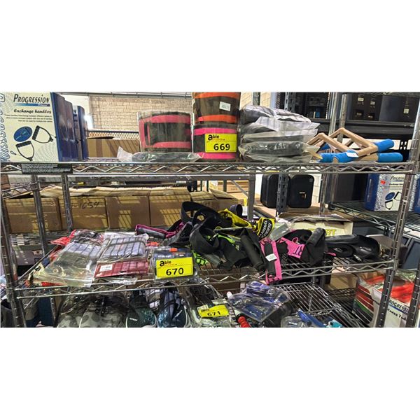 SHELF OF ASSORTED ITEMS INCLUDING KNEE SLEEVES, ELBOW SLEEVE AND MORE
