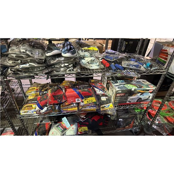 SHELF OF ASSORTED GLOVES AND INFLATABLE ROOF RACK
