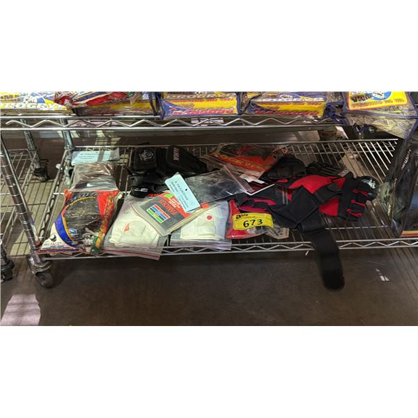 SHELF OF ASSORTED GLOVES AND CENTURY OPEN FACE HEADGEAR