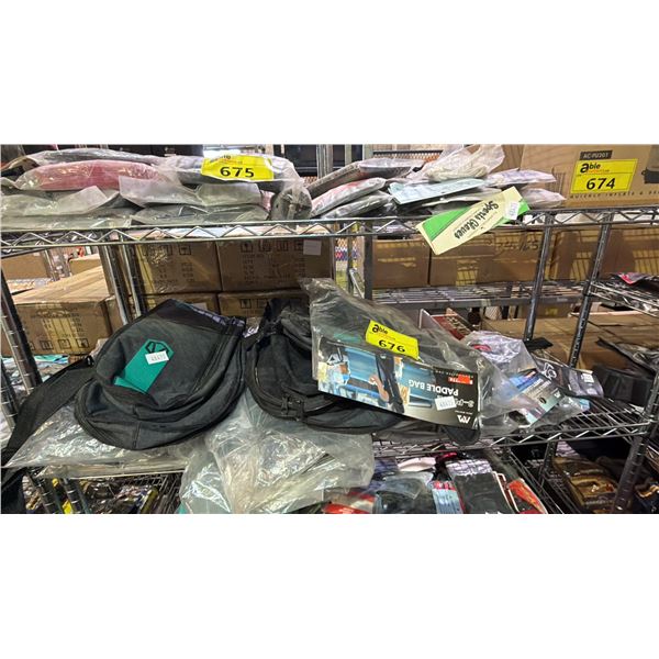SHELF OF PADDLE BOARD BAGS AND SAFETY LEASH