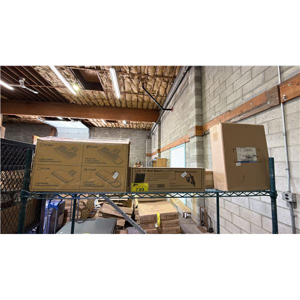 SHELF LOT ASSORTED ITEMS INCLUDING LCD TV WALL MOUNT , FC2050, STEEL BATTERY UNIT AND MORE
