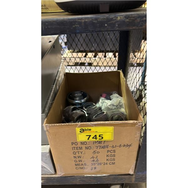 BOX OF ASSORTED METAL CONDUIT FITTING CONNECTORS