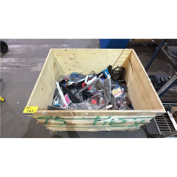 WOODEN CRATE OF ASSORTED OF FITNESS GLOVES, PADDLEBOARD COIL LEASH, AQUA SHOES AND MORE