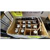 Image 2 : BOX OF GLASS CANDLE HOLDERS & BOX OF SMALL GLASS BOTTLES