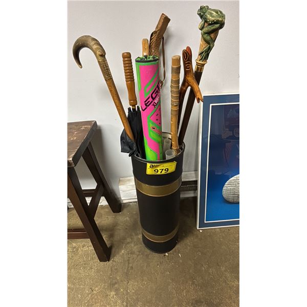 METAL UMBRELLA STAND WITH ASSORTED UMBRELLAS & CANES